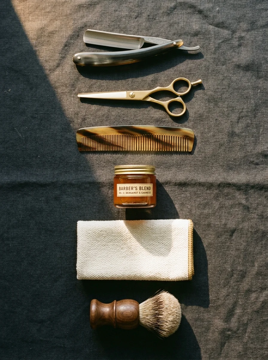 A flat-lay of the tools used at the chair.