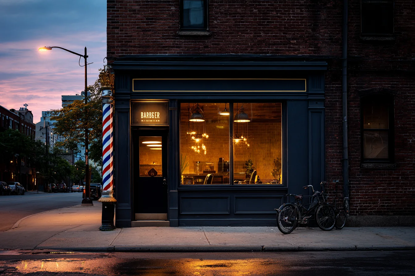 The Atelier storefront, evening.