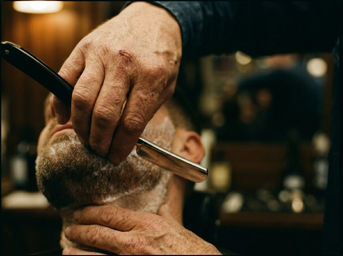 Barber's hands working through a guard cut, mid-line.