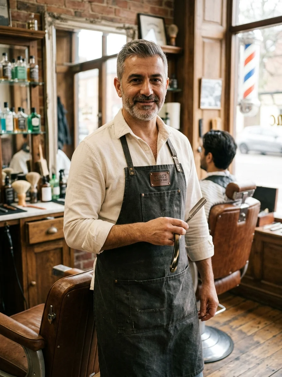 Elias holding the straight razor.